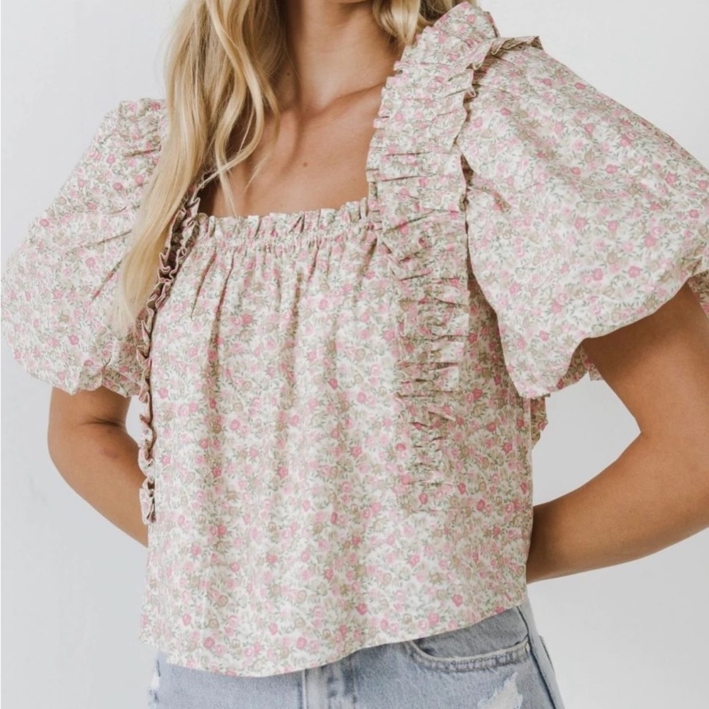 English Factory Ruffle Puff Sleeve Top